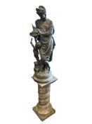 A Victorian spelter group, on associated pedestal, height 140cm