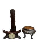 A Chinese jade mounted hardwood plate stand, height 29cm and a Japanese carved vase stand (2)