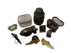 A small collection of sundry items and collectables to include a carved stone hippopotamus, a