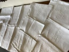 Four Irish embroidered double linen sheets monogrammed, approximately 292cm long x 176cm wide and