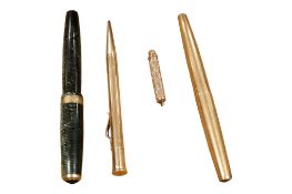 An Edward Baker 9ct. gold propelling pencil along with two Parker pens and one other pencil