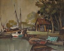 L. Wilcox, moored boats, signed, oil on canvas, 39 x 49cm