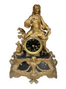 A French gilt metal mounted black slate figural mantel clock, striking on a bell, 40cm high