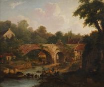 English School, 19th century, River landscape with figures below a bridge, oil on canvas, 44.5 x