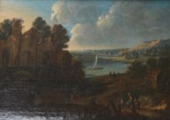 Dutch School, 18th century, River landscape with buildings and figures to the foreground, oil on