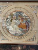 An Italian Arts and Crafts figurative silk polychrome decorative long stitch embroidery cartouche.