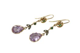 A pair of yellow metal, amethyst, emerald and diamond chip set drop earrings, stamped 585, overall