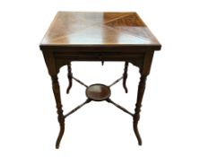 An Edwardian satinwood banded mahogany envelope card table, width 54cm, depth 54cm, height 73cm