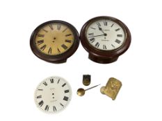 A group of clock parts, comprising two mahogany-cased wall clocks, a Paine, Epping clock dial, and