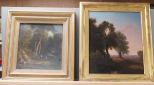 Victorian school, pastoral scenes, figures in woodland, unsigned, two oils on board, largest 29 x