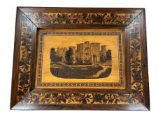 A Victorian Tunbridge-ware plaque decorated with a Hever Castle view, width 28cm.
