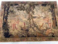 A 20th century French Aubusson wool work tapestry, depicting a stag hunt within a woodland scene,