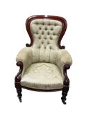 A Victorian mahogany spoonback armchair, width 75cm, depth 60cm, height 103cm