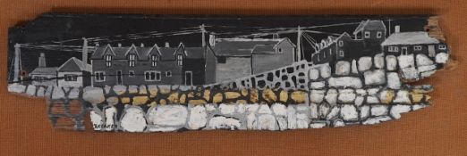 Charles Breaker (1906-1985), ‘Black Landscape’, signed, Cornish oil on driftwood panel,