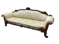 An early Victorian rosewood scroll arm settee, length 245cm, depth 75cm, height 101cm