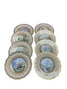 A set of eight Victorian porcelain topographical plates, one painted with ships at sea, with gilt