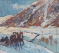 Swedish school (20th. C), Winter landscape with horse-drawn sleigh, ink inscription verso, oil on
