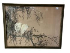 A Japanese silk embroidery, cranes among trees, The Rowley Gallery label to verso, framed, overall
