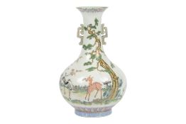 A Chinese famille rose ‘longevity’ two handled bottle vase, Republic period, finely painted with two