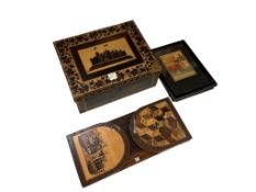 A Victorian Tunbridge ware book slide with mosaic view of Eridge Castle, a Tunbridge ware work box