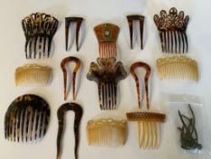Fourteen early 20th century faux tortoiseshell celluloid hair combs, seven with decorative gilt