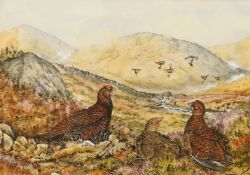 Ian Bowles (1947-2018), mountainous landscape with grouse in flight and to the foreground, signed,