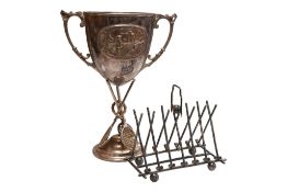 A late 19th/early 20th century style tennis related plated two handled trophy cup, embossed with a