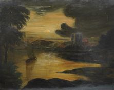 19th century school, moonlit lakeside view with castle ruins, unsigned, oil on canvas, 35 x 45cm