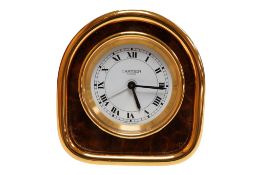 A boxed Must de Cartier gold plated burr walnut enamel travel clock, REF 7504, with case, 8cm high