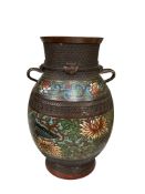 A Japanese bronze and champleve enamel vase, Meiji period, height 30cm.