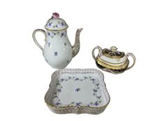 A Herend porcelain coffee pot, 22cm high, together with a similar square dish and a porcelain
