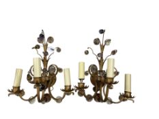 A pair of mid century Venetian gilt metal triple branch wall lights hung coloured glass fruit shaped