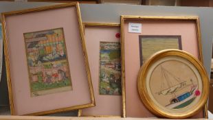 Indian Mughal style, three watercolours to include a hunting scene, together with a Chinese