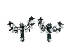 A pair of French toleware and porcelain twin branch floral wall sconces, 31cm high