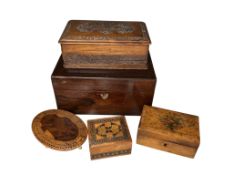 A Victorian oval burr yew cribbage board on bone feet, width 15cm, a Victorian rosewood box,