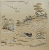 A framed late Qing dynasty fishing scene embroidery, of fishermen in boats and figures with nets