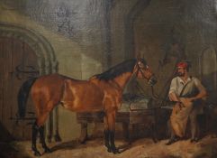 19th century school, 'Busy', study of a figure and horse, unsigned, oil on canvas, 49 x 68cm