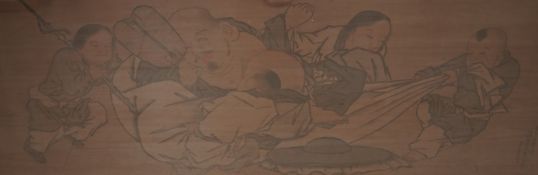After Sesshu Toyo, Hotei and boys, woodblock print on silk by Urushibara Yoshijiro, 95 x 39cm