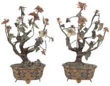 A pair of Chinese models of trees, in gilt copper repoussé work and enamel planters, 19th century,