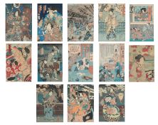 Utagawa Kunisada (Japanese, 1786-1864)Kabuki actors and figures from Military Talesthirteen
