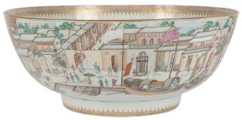 A large Chinese export famille rose ‘Hongs of Canton’ and ‘South Lake Island’ punch bowl, Qianlong