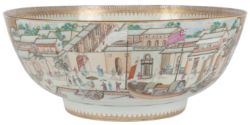 A large Chinese export famille rose ‘Hongs of Canton’ and ‘South Lake Island’ punch bowl, Qianlong