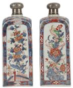 A near pair of Chinese verte Imari flasks, Kangxi period, each of square moulded form, painted