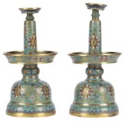 A rare pair of Chinese gilded cloisonné enamel ‘lotus’ candlesticks which convert to altar sets,