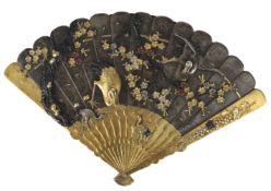 A fine Japanese shakudo and mixed metal ‘fan’ brooch, signed Mitsuhiro, Meiji period, relief
