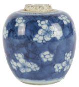 A small Chinese blue and white prunus and cracked ice jar, Kangxi period, of ovoid form, height 8.