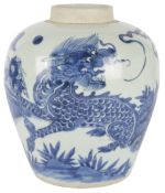A Chinese blue and white ‘qilin’ ovoid jar, Transitional, Shunzhi period (1644-1661), boldly painted