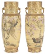 A pair of Japanese Satsuma style vases, Kobé, Meiji period, each painted with birds in a