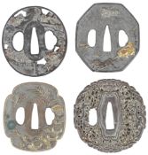 Four Japanese tsuba, Edo period, two iron tsuba inlaid in mixed metal, the first with horses and