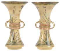 A pair of Japanese Satsuma style pottery beaker-form vases, Kobé, Meiji period, each painted with